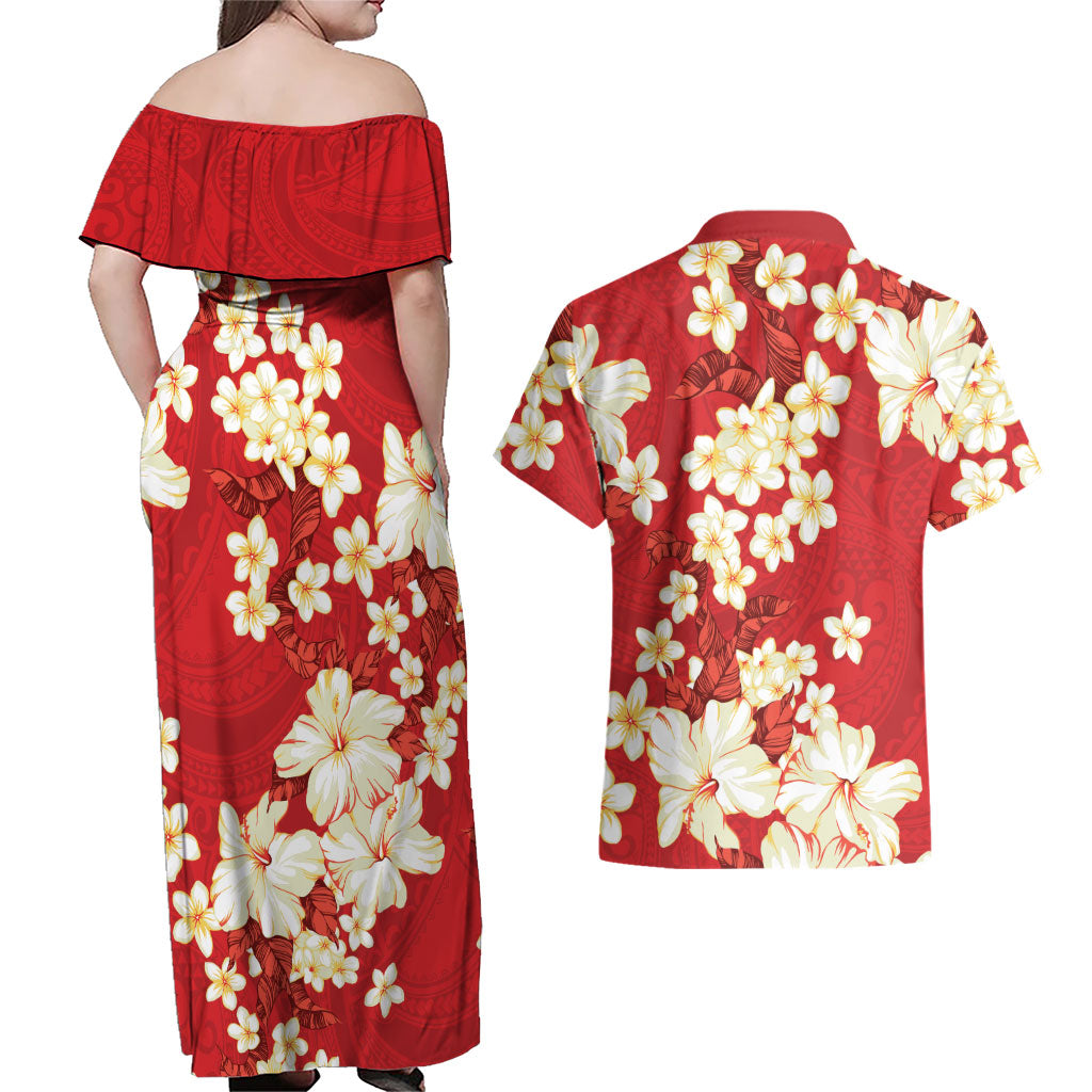 Hawaii Hibiscus Plumeria Red Couples Matching Off Shoulder Maxi Dress and Hawaiian Shirt Polynesian Pattern LT01 - Polynesian Pride