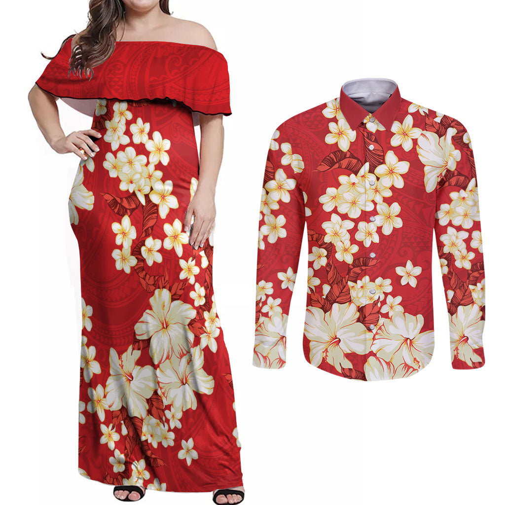 Hawaii Hibiscus Plumeria Red Couples Matching Off Shoulder Maxi Dress and Long Sleeve Button Shirt Polynesian Pattern LT01 Red - Polynesian Pride