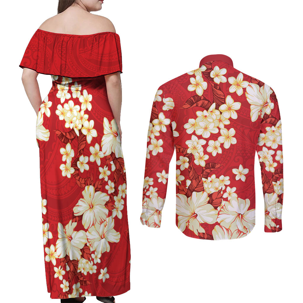 Hawaii Hibiscus Plumeria Red Couples Matching Off Shoulder Maxi Dress and Long Sleeve Button Shirt Polynesian Pattern LT01 - Polynesian Pride