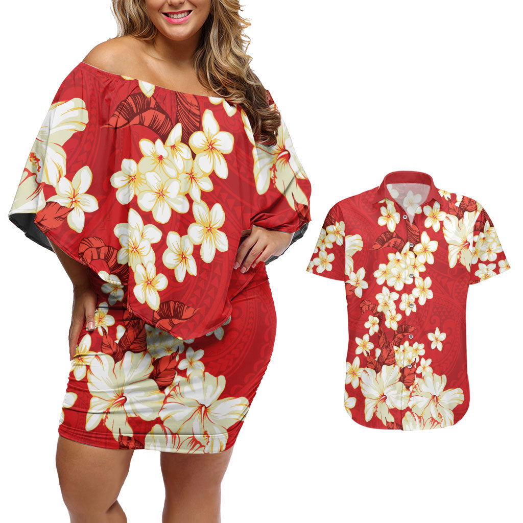 Hawaii Hibiscus Plumeria Red Couples Matching Off Shoulder Short Dress and Hawaiian Shirt Polynesian Pattern LT01 Red - Polynesian Pride
