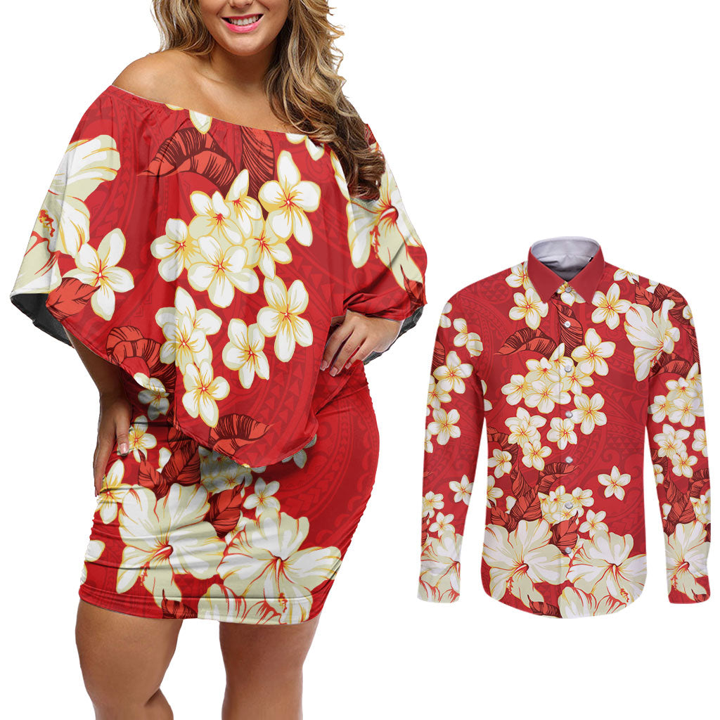 Hawaii Hibiscus Plumeria Red Couples Matching Off Shoulder Short Dress and Long Sleeve Button Shirt Polynesian Pattern
