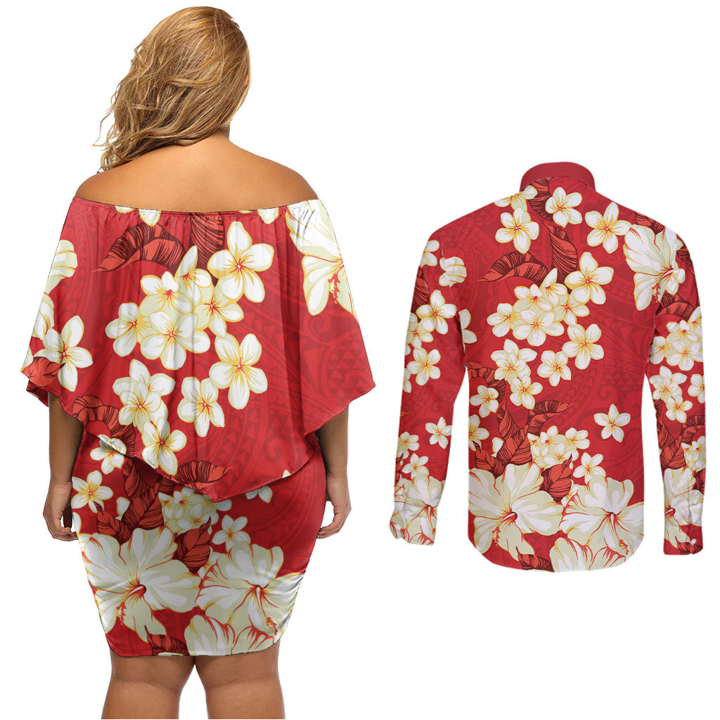 Hawaii Hibiscus Plumeria Red Couples Matching Off Shoulder Short Dress and Long Sleeve Button Shirt Polynesian Pattern LT01 - Polynesian Pride