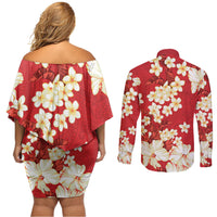 Hawaii Hibiscus Plumeria Red Couples Matching Off Shoulder Short Dress and Long Sleeve Button Shirt Polynesian Pattern LT01 - Polynesian Pride