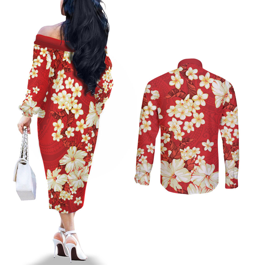 Hawaii Hibiscus Plumeria Red Couples Matching Off The Shoulder Long Sleeve Dress and Long Sleeve Button Shirt Polynesian Pattern LT01 - Polynesian Pride