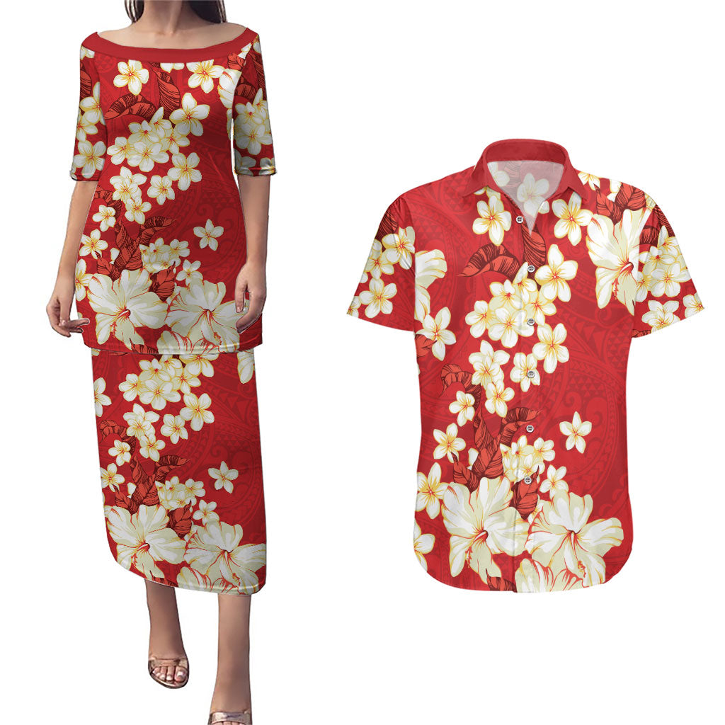 Hawaii Hibiscus Plumeria Red Couples Matching Puletasi and Hawaiian Shirt Polynesian Pattern LT01 Red - Polynesian Pride