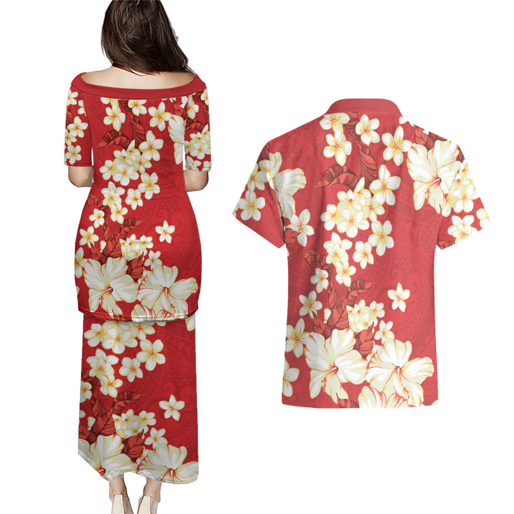 Hawaii Hibiscus Plumeria Red Couples Matching Puletasi and Hawaiian Shirt Polynesian Pattern LT01 - Polynesian Pride