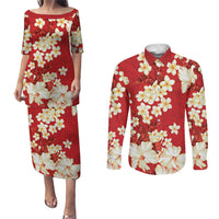 Hawaii Hibiscus Plumeria Red Couples Matching Puletasi and Long Sleeve Button Shirt Polynesian Pattern