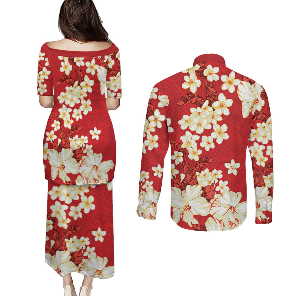 Hawaii Hibiscus Plumeria Red Couples Matching Puletasi and Long Sleeve Button Shirt Polynesian Pattern
