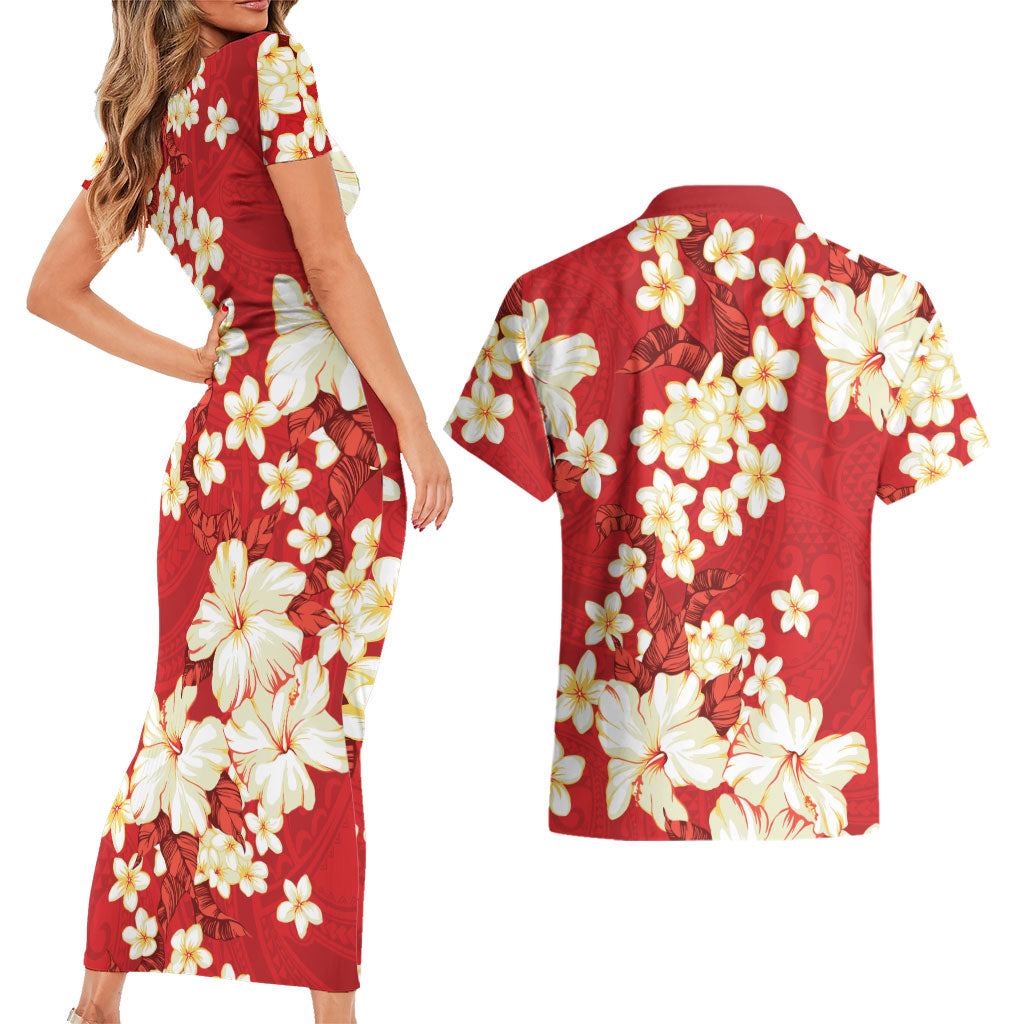 Hawaii Hibiscus Plumeria Red Couples Matching Short Sleeve Bodycon Dress and Hawaiian Shirt Polynesian Pattern LT01 - Polynesian Pride