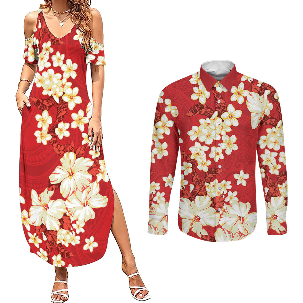 Hawaii Hibiscus Plumeria Red Couples Matching Summer Maxi Dress and Long Sleeve Button Shirt Polynesian Pattern LT01 Red - Polynesian Pride