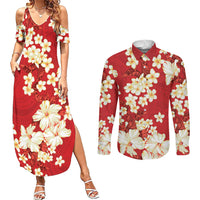 Hawaii Hibiscus Plumeria Red Couples Matching Summer Maxi Dress and Long Sleeve Button Shirt Polynesian Pattern LT01 Red - Polynesian Pride