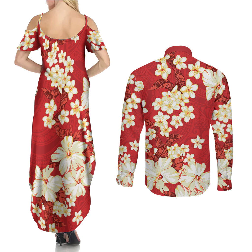 Hawaii Hibiscus Plumeria Red Couples Matching Summer Maxi Dress and Long Sleeve Button Shirt Polynesian Pattern LT01 - Polynesian Pride