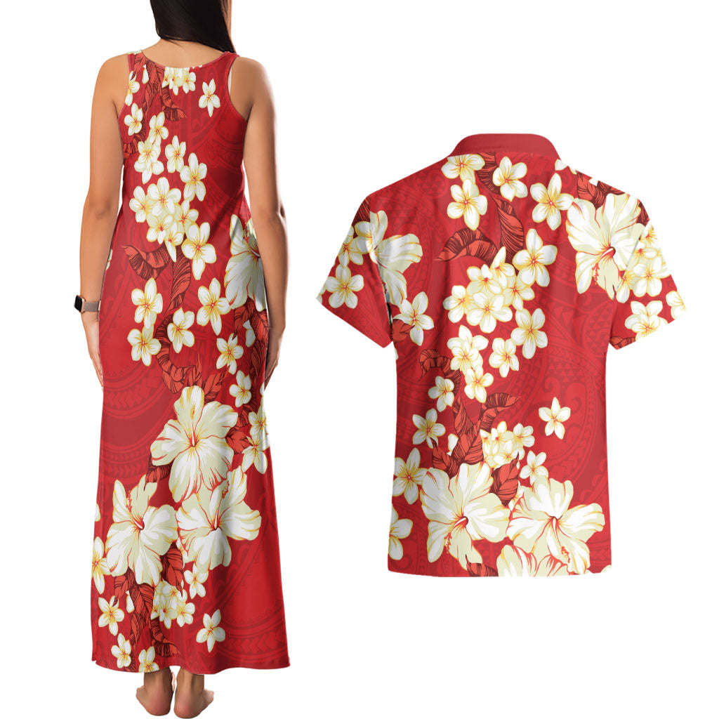 Hawaii Hibiscus Plumeria Red Couples Matching Tank Maxi Dress and Hawaiian Shirt Polynesian Pattern
