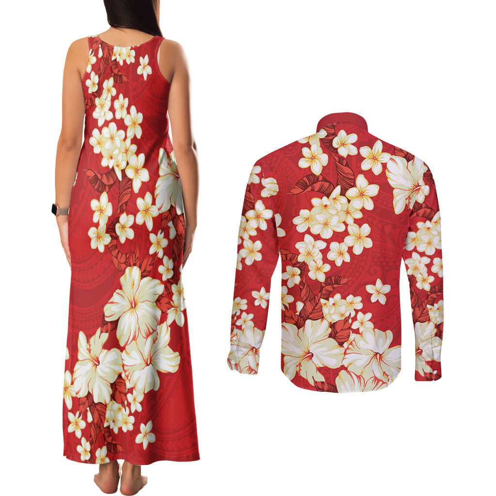 Hawaii Hibiscus Plumeria Red Couples Matching Tank Maxi Dress and Long Sleeve Button Shirt Polynesian Pattern LT01 - Polynesian Pride