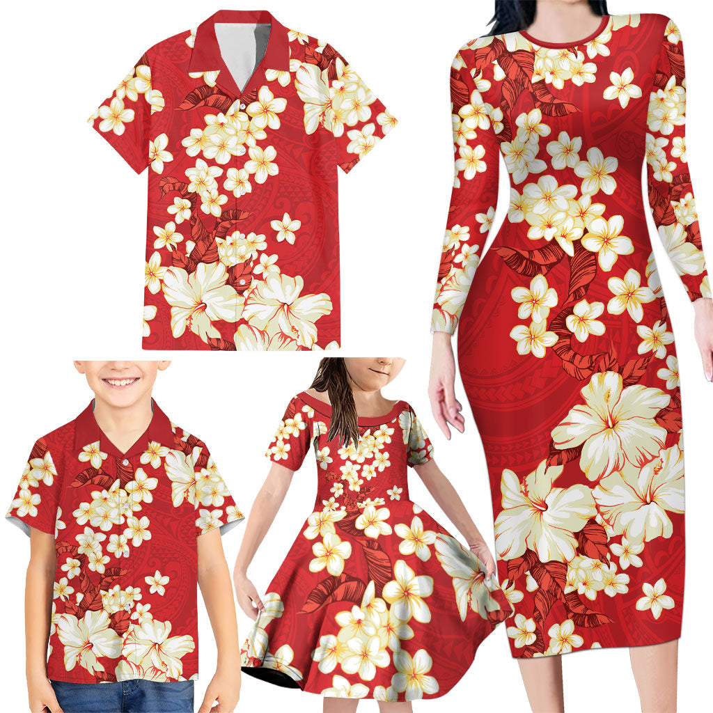 Hawaii Hibiscus Plumeria Red Family Matching Long Sleeve Bodycon Dress and Hawaiian Shirt Polynesian Pattern