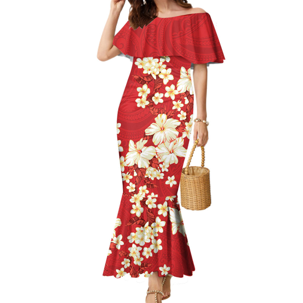 Hawaii Hibiscus Plumeria Red Family Matching Mermaid Dress and Hawaiian Shirt Polynesian Pattern