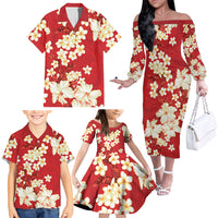 Hawaii Hibiscus Plumeria Red Family Matching Off The Shoulder Long Sleeve Dress and Hawaiian Shirt Polynesian Pattern