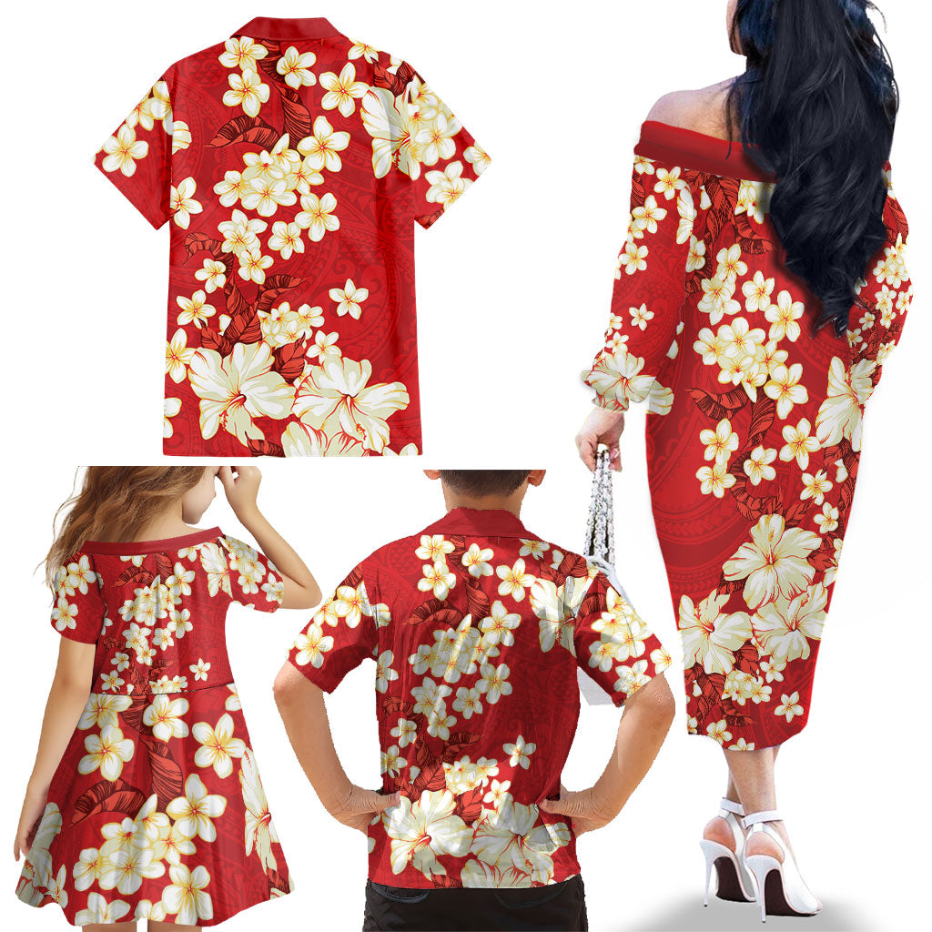 Hawaii Hibiscus Plumeria Red Family Matching Off The Shoulder Long Sleeve Dress and Hawaiian Shirt Polynesian Pattern