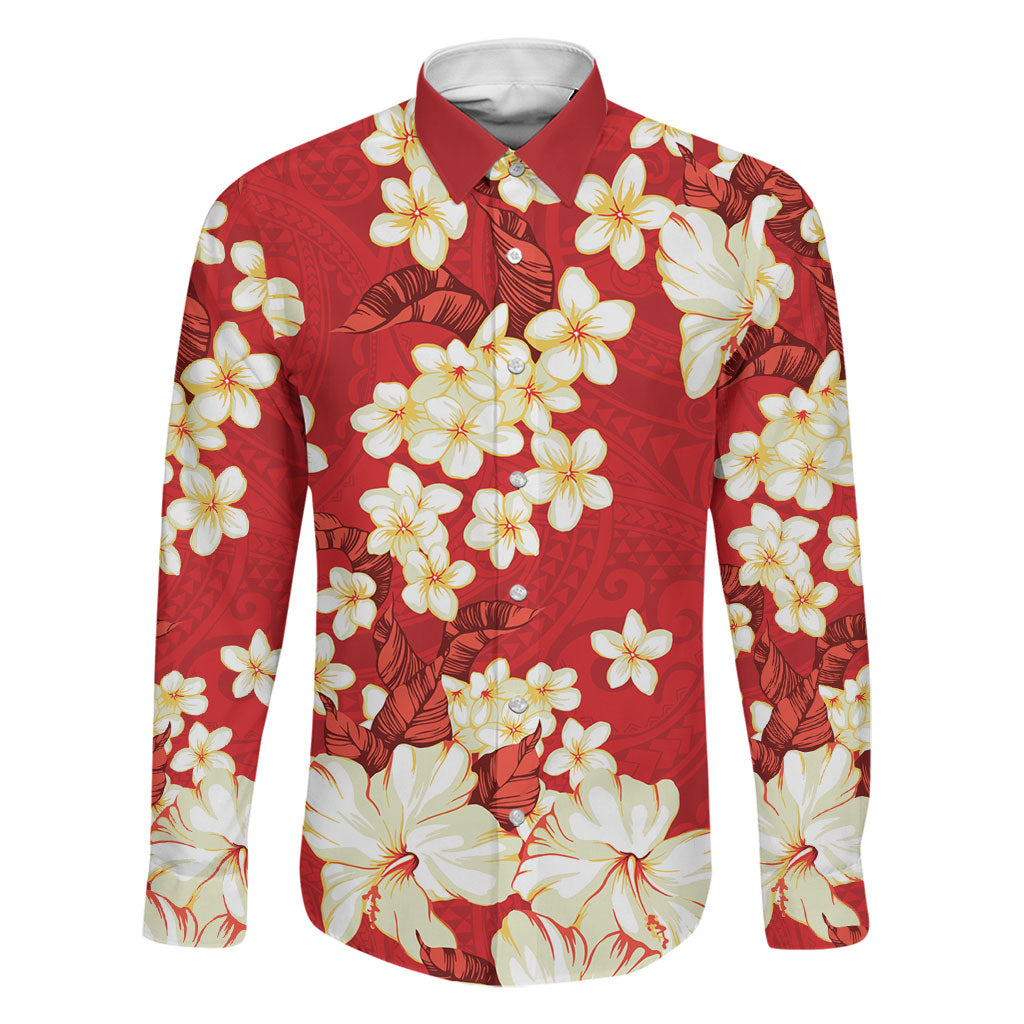 Hawaii Hibiscus Plumeria Red Family Matching Off The Shoulder Long Sleeve Dress and Hawaiian Shirt Polynesian Pattern