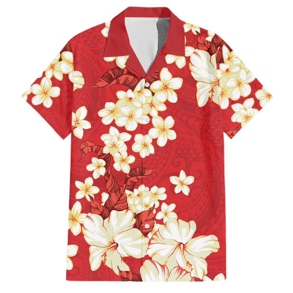 Hawaii Hibiscus Plumeria Red Family Matching Puletasi and Hawaiian Shirt Polynesian Pattern LT01 Dad's Shirt - Short Sleeve Red - Polynesian Pride