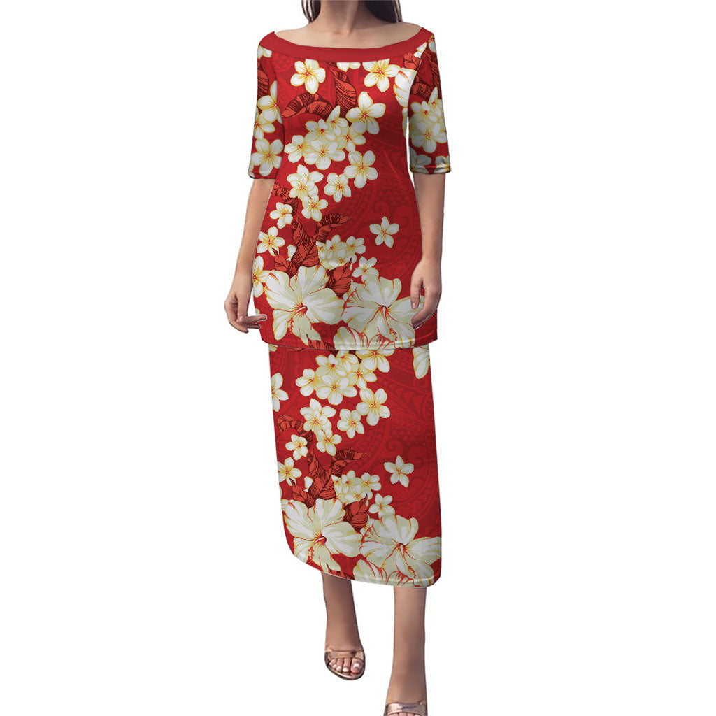 Hawaii Hibiscus Plumeria Red Family Matching Puletasi and Hawaiian Shirt Polynesian Pattern LT01 Mom's Dress Red - Polynesian Pride