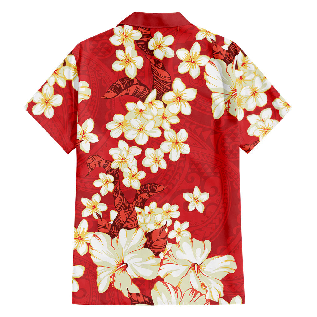 Hawaii Hibiscus Plumeria Red Family Matching Short Sleeve Bodycon Dress and Hawaiian Shirt Polynesian Pattern