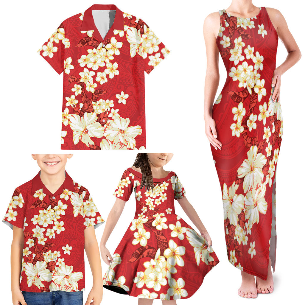 Hawaii Hibiscus Plumeria Red Family Matching Tank Maxi Dress and Hawaiian Shirt Polynesian Pattern