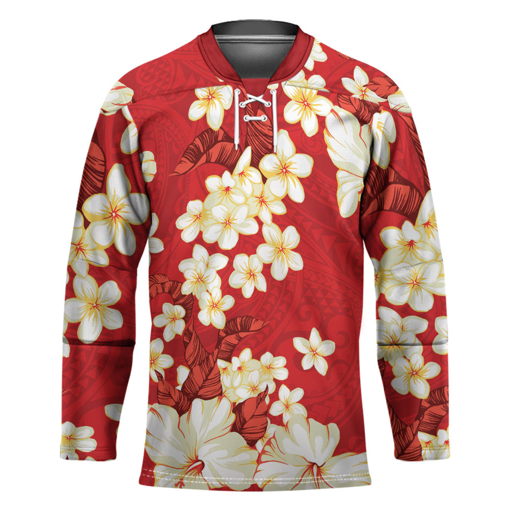 Hawaii Hibiscus Plumeria Red Hockey Jersey Polynesian Pattern LT01 Unisex Red - Polynesian Pride