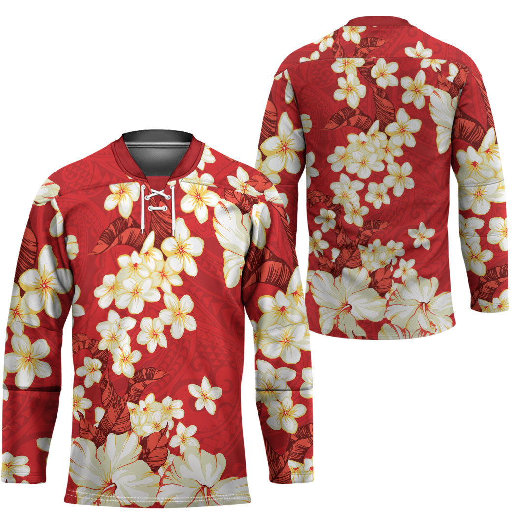 Hawaii Hibiscus Plumeria Red Hockey Jersey Polynesian Pattern LT01 - Polynesian Pride