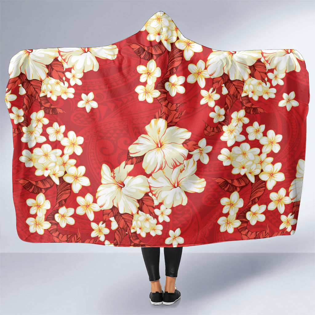 Hawaii Hibiscus Plumeria Red Hooded Blanket Polynesian Pattern LT01 One Size Red - Polynesian Pride