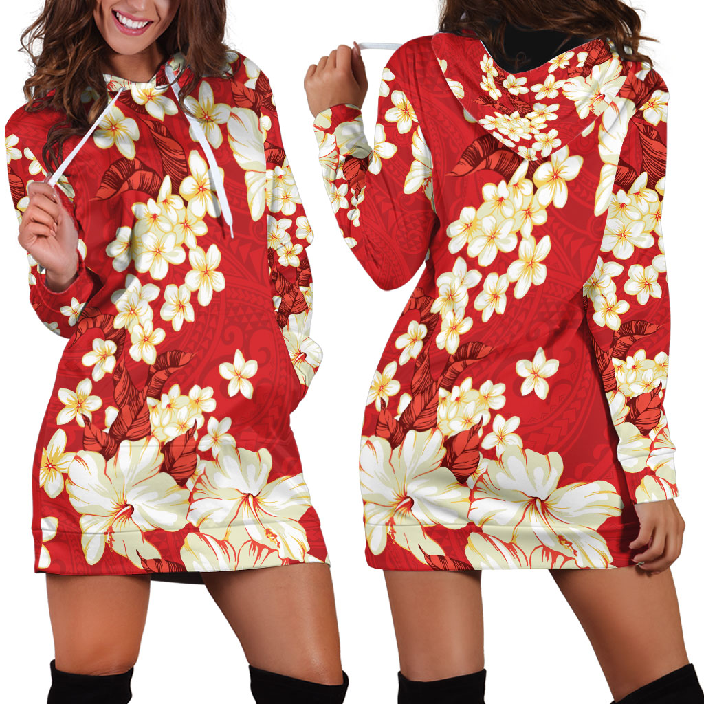 Hawaii Hibiscus Plumeria Red Hoodie Dress Polynesian Pattern LT01 - Polynesian Pride