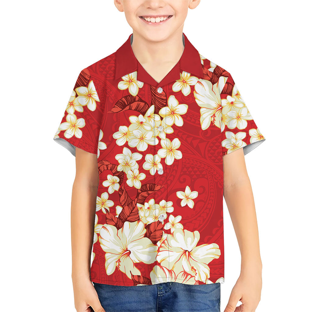 Hawaii Hibiscus Plumeria Red Kid Hawaiian Shirt Polynesian Pattern
