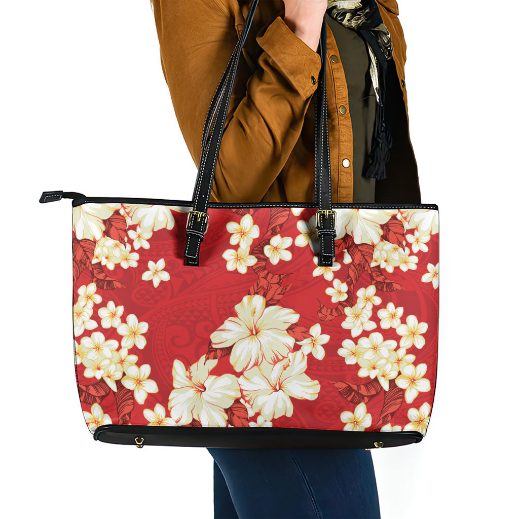 Hawaii Hibiscus Plumeria Red Leather Tote Bag Polynesian Pattern LT01 - Polynesian Pride