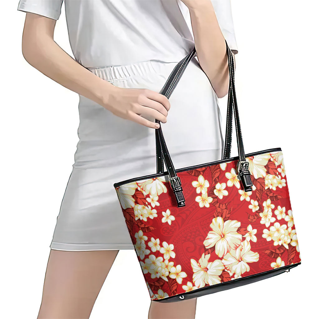 Hawaii Hibiscus Plumeria Red Leather Tote Bag Polynesian Pattern LT01 - Polynesian Pride