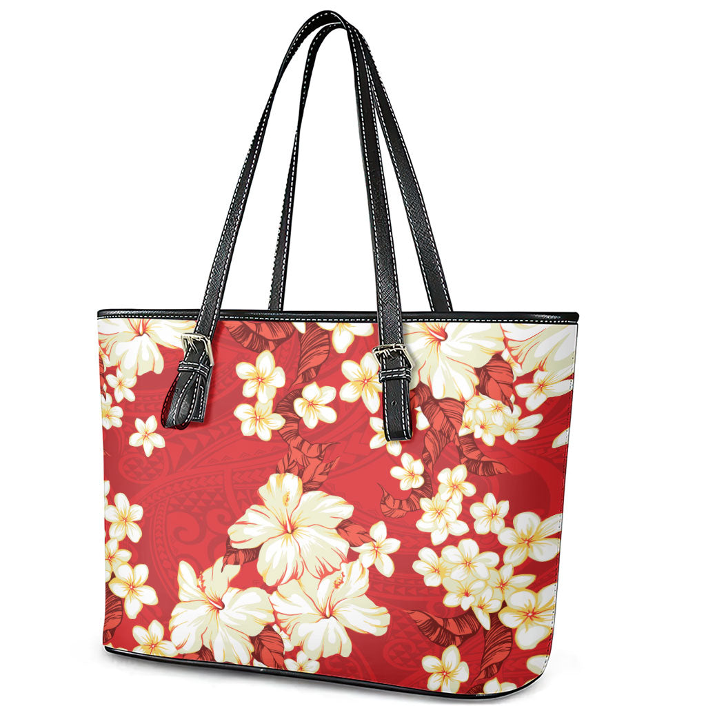Hawaii Hibiscus Plumeria Red Leather Tote Bag Polynesian Pattern LT01 - Polynesian Pride