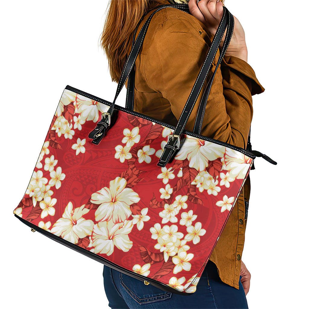 Hawaii Hibiscus Plumeria Red Leather Tote Bag Polynesian Pattern LT01 - Polynesian Pride
