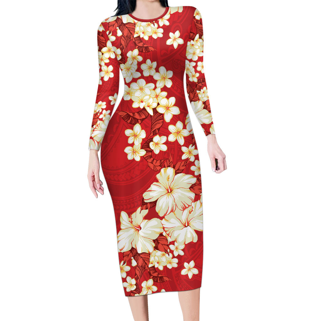 Hawaii Hibiscus Plumeria Red Long Sleeve Bodycon Dress Polynesian Pattern LT01 Long Dress Red - Polynesian Pride
