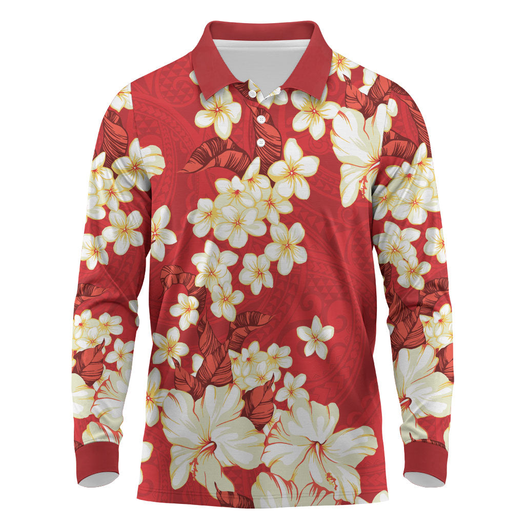 Hawaii Hibiscus Plumeria Red Long Sleeve Polo Shirt Polynesian Pattern