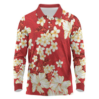 Hawaii Hibiscus Plumeria Red Long Sleeve Polo Shirt Polynesian Pattern