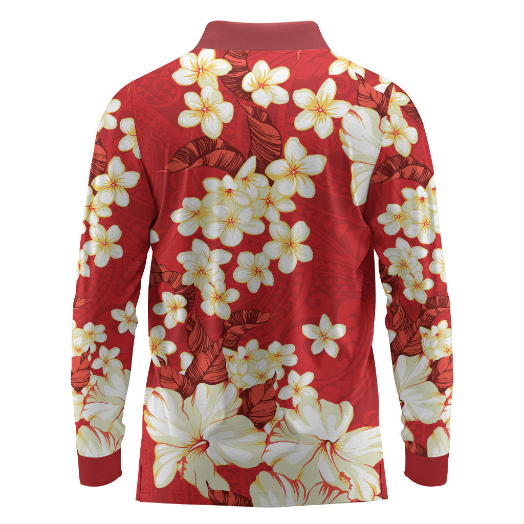 Hawaii Hibiscus Plumeria Red Long Sleeve Polo Shirt Polynesian Pattern