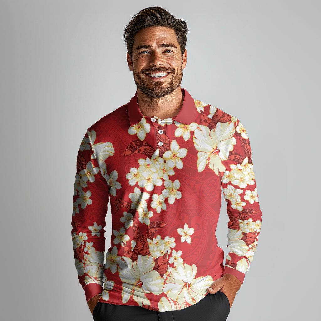 Hawaii Hibiscus Plumeria Red Long Sleeve Polo Shirt Polynesian Pattern