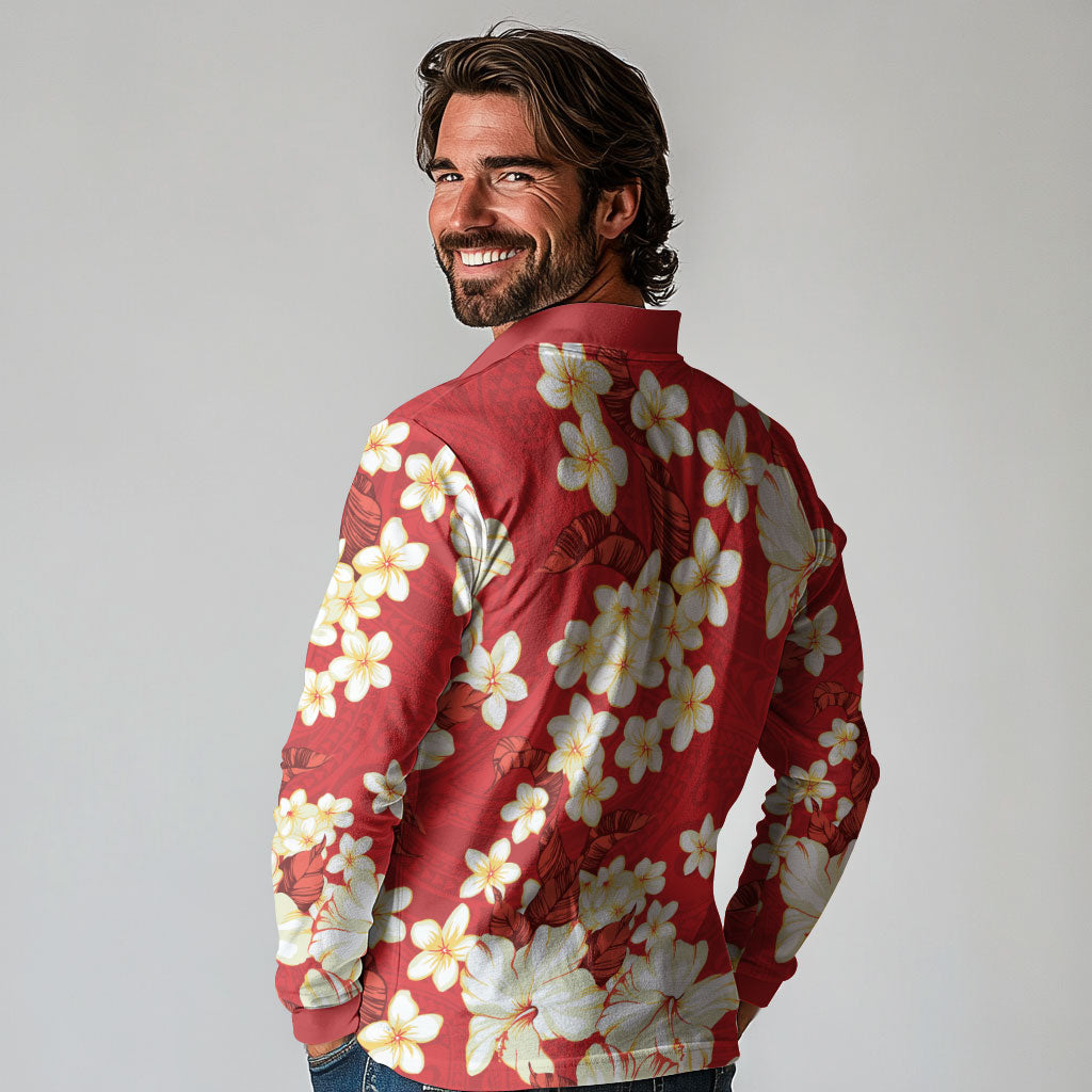 Hawaii Hibiscus Plumeria Red Long Sleeve Polo Shirt Polynesian Pattern