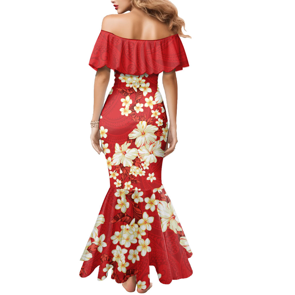 Hawaii Hibiscus Plumeria Red Mermaid Dress Polynesian Pattern