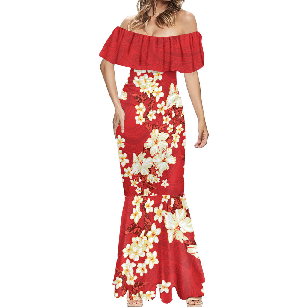 Hawaii Hibiscus Plumeria Red Mermaid Dress Polynesian Pattern