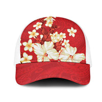 Hawaii Hibiscus Plumeria Red Mesh Trucker Cap Polynesian Pattern LT01 One Size White Red - Polynesian Pride