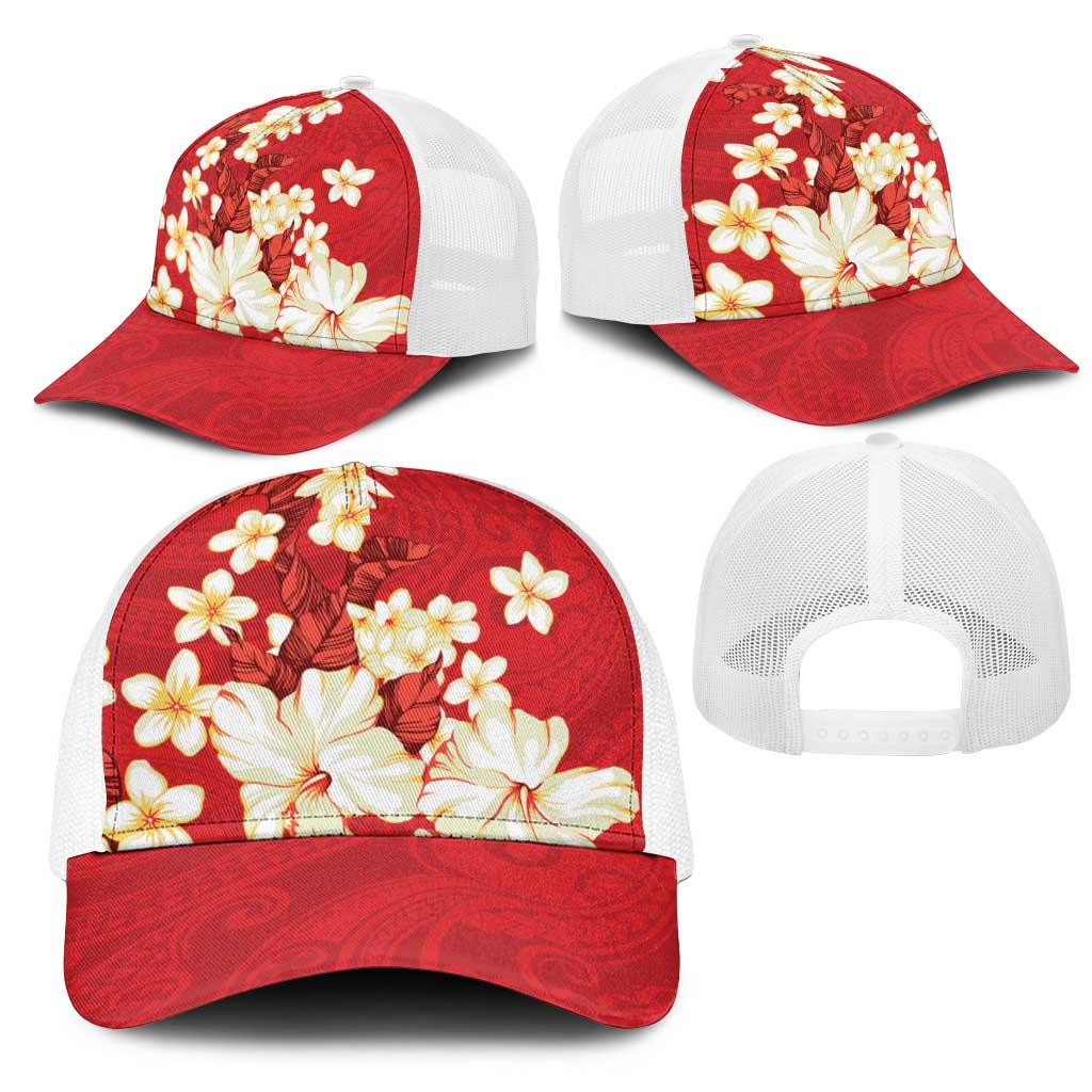Hawaii Hibiscus Plumeria Red Mesh Trucker Cap Polynesian Pattern LT01 - Polynesian Pride