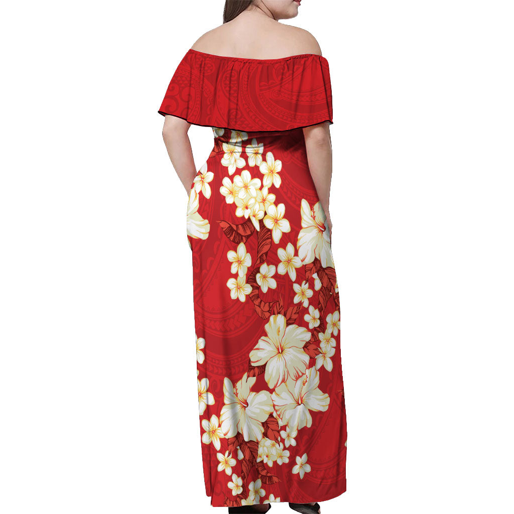 Hawaii Hibiscus Plumeria Red Off Shoulder Maxi Dress Polynesian Pattern LT01 - Polynesian Pride