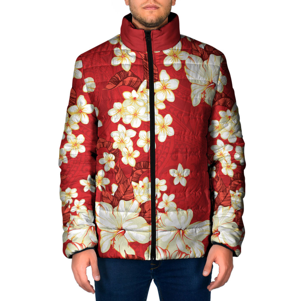 Hawaii Hibiscus Plumeria Red Padded Jacket Polynesian Pattern