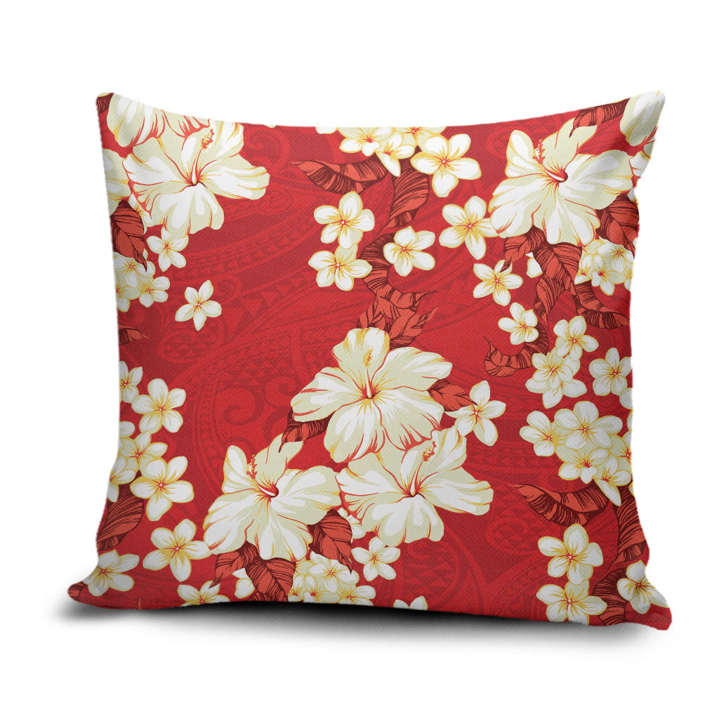 Hawaii Hibiscus Plumeria Red Pillow Cover Polynesian Pattern