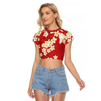 Hawaii Hibiscus Plumeria Red Raglan Cropped T Shirt Polynesian Pattern